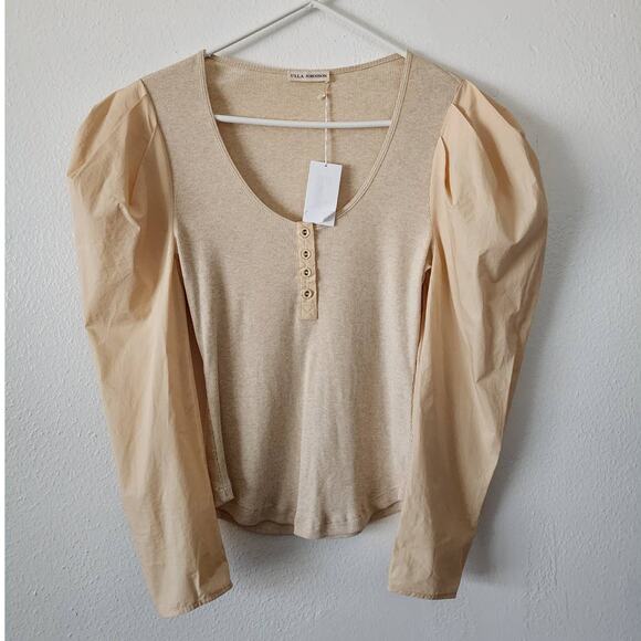 Ulla Johnson Joanne Poplin Sleeve Rib Knit Top Ribbed Jersey Oatmeal Beige - Picture 12 of 14